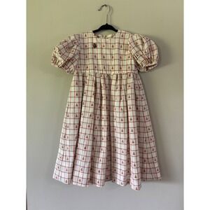 Vintage Girls 6 Plaid Teddy Bear Dress Puff Sleeve Red Brown Cottagecore Classic